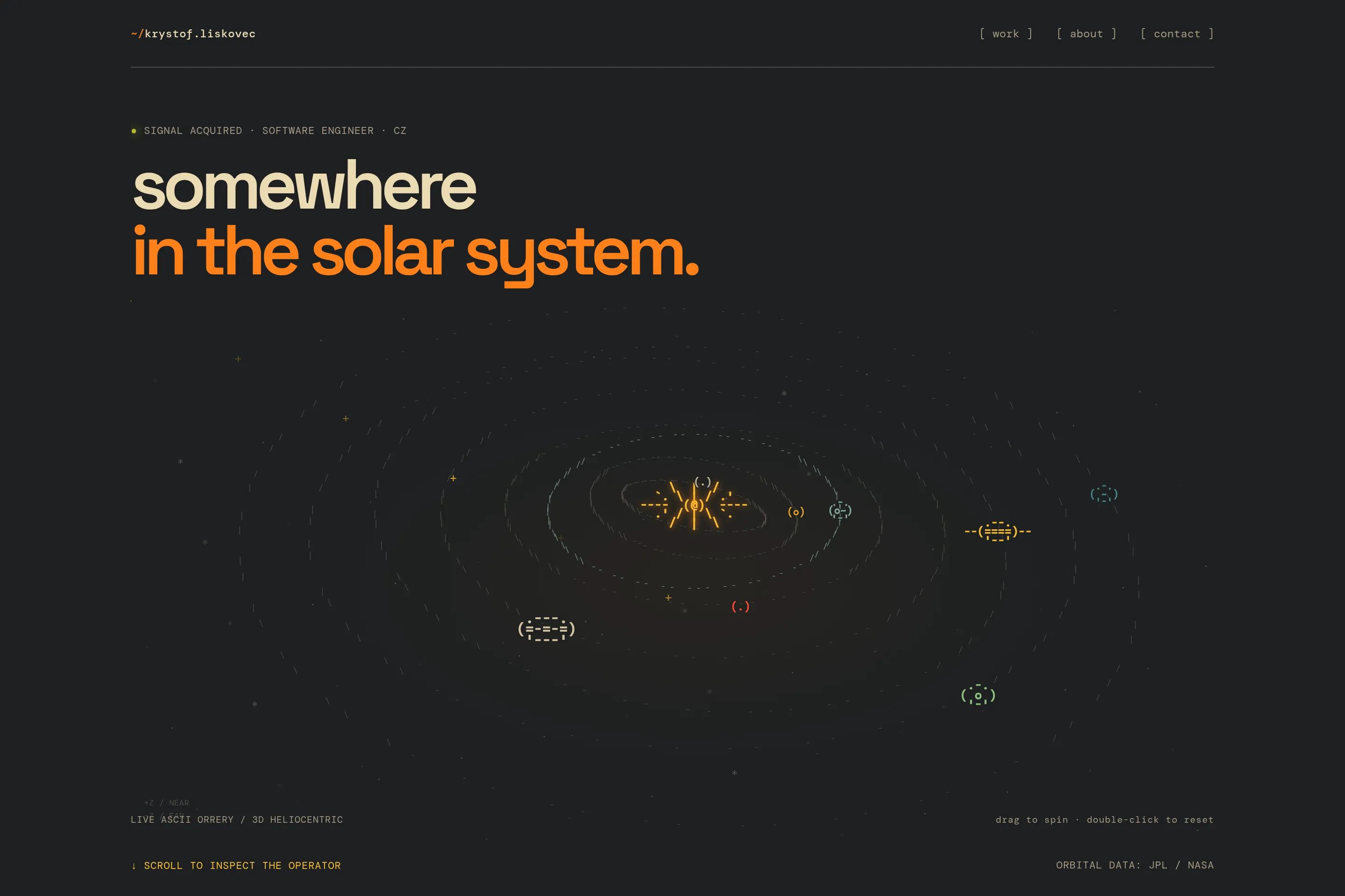 the first solar-system version of the homepage, with the ascii orrery beneath the headline.